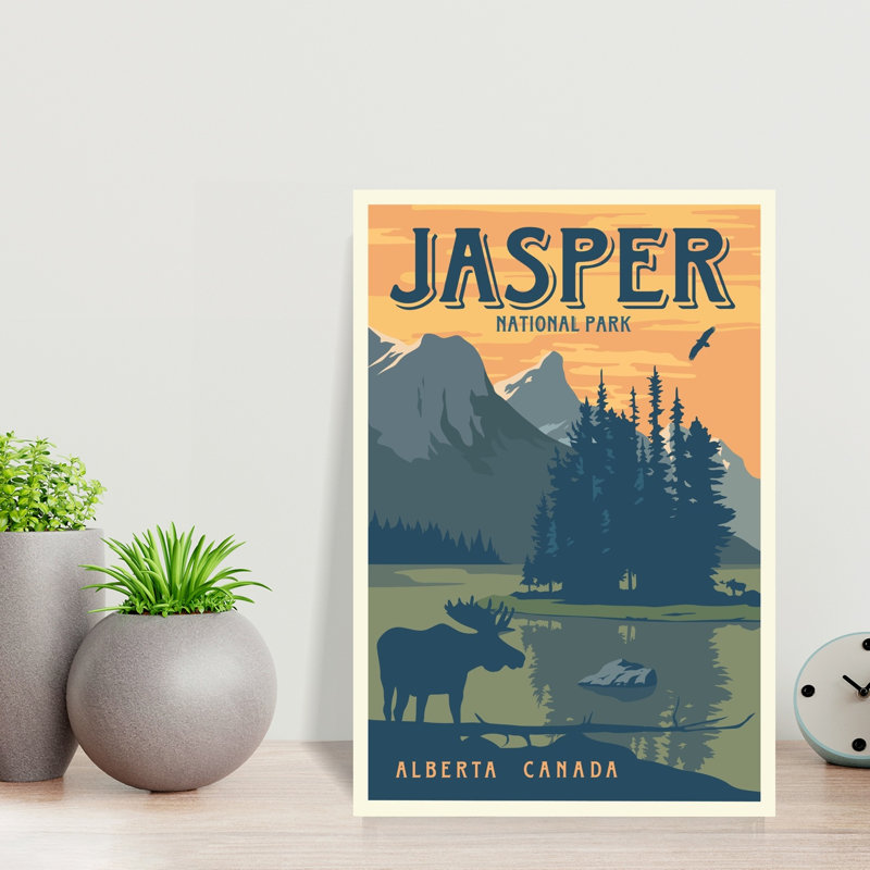 Tableau abstrait contemporain au coucher du soleil sur le lac Jasper Moose, représentant un paysage d'oiseaux et d'animaux.