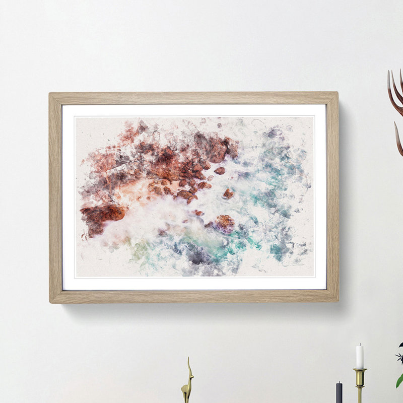 Rock Meeting the Ocean - Picture Frame Painting Print, 45cm H x 63cm W x 2cm D, Oak Framed