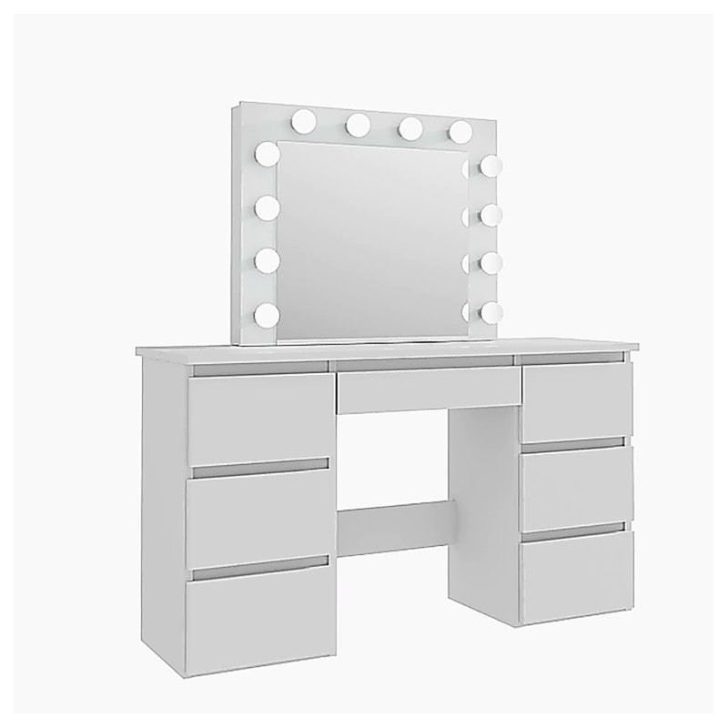 Grandes tables de coiffeuse blanches avec miroir et lumière