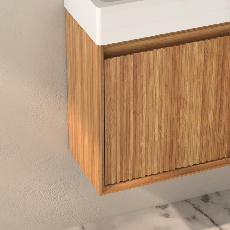 Meuble-lavabo mural en bois massif 16 po, lavabo en résine blanche, design européen moderne américain, mouvement à charnière lisse en bois, fonction réversible à fermeture en douceur