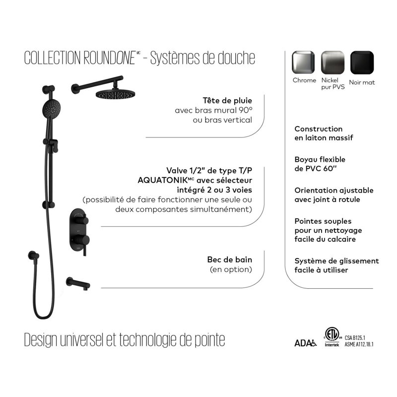 RoundOne_x001E_TD2: AQUATONik T / P avec système de douche à inverseur avec bras vertical pour plafond PVD en nickel pur