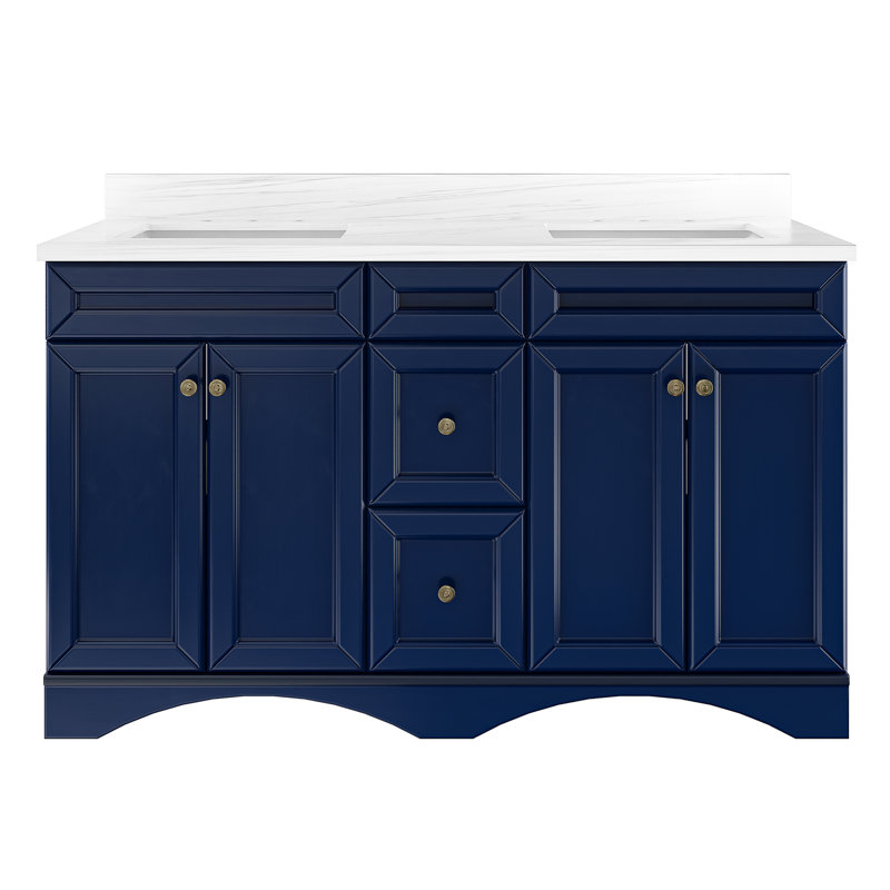 Chamiya 60'' Double Bathroom Vanity with Carrara Marble Top, Dark Blue