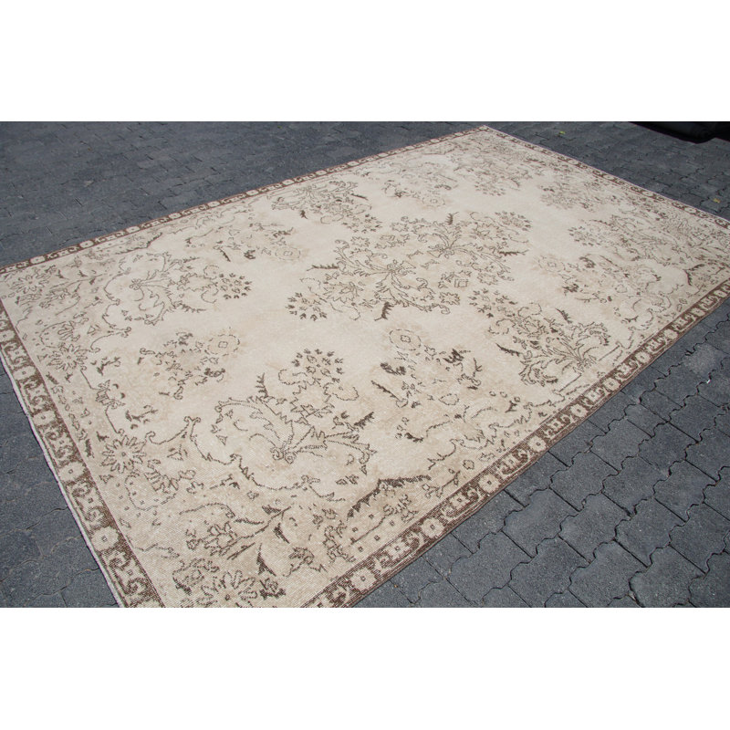 Tapis turc Oushak fait à la main en laine beige de style antique pour décoration de salon