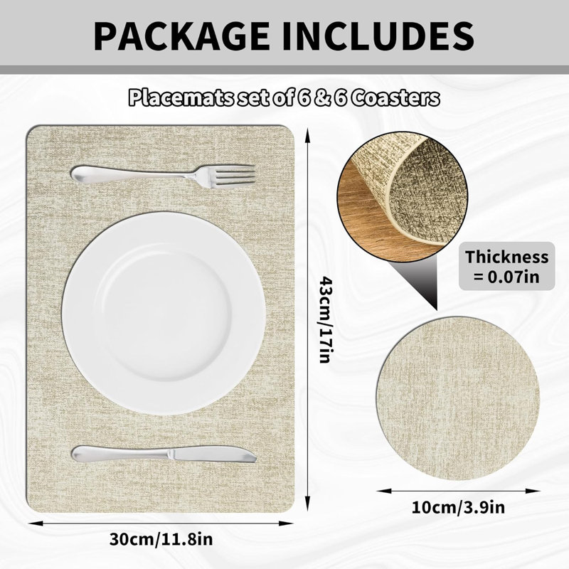 Ensemble de 6 napperons en similicuir résistants à la chaleur avec sous-verres, imperméables, essuyables et antidérapants