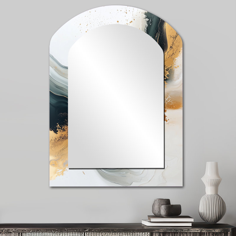 Silent Melody Of Golden Hard Edge Ink III - Hard Edge Painting Arch Unique Wall Mirror, Modern Asymmetrical Mirror, Printed Metal Art
