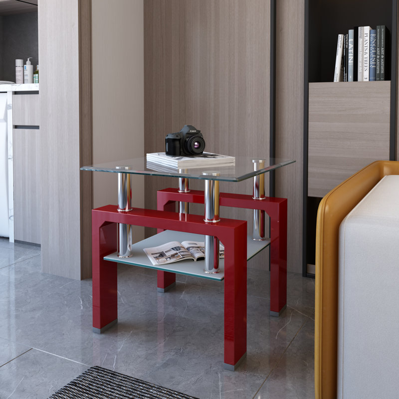 23.6" Square Glass End Table with 2-Tier Shelf, Stainless Steel Legs, Small Accent Table for Living Room or Bedroom, Red