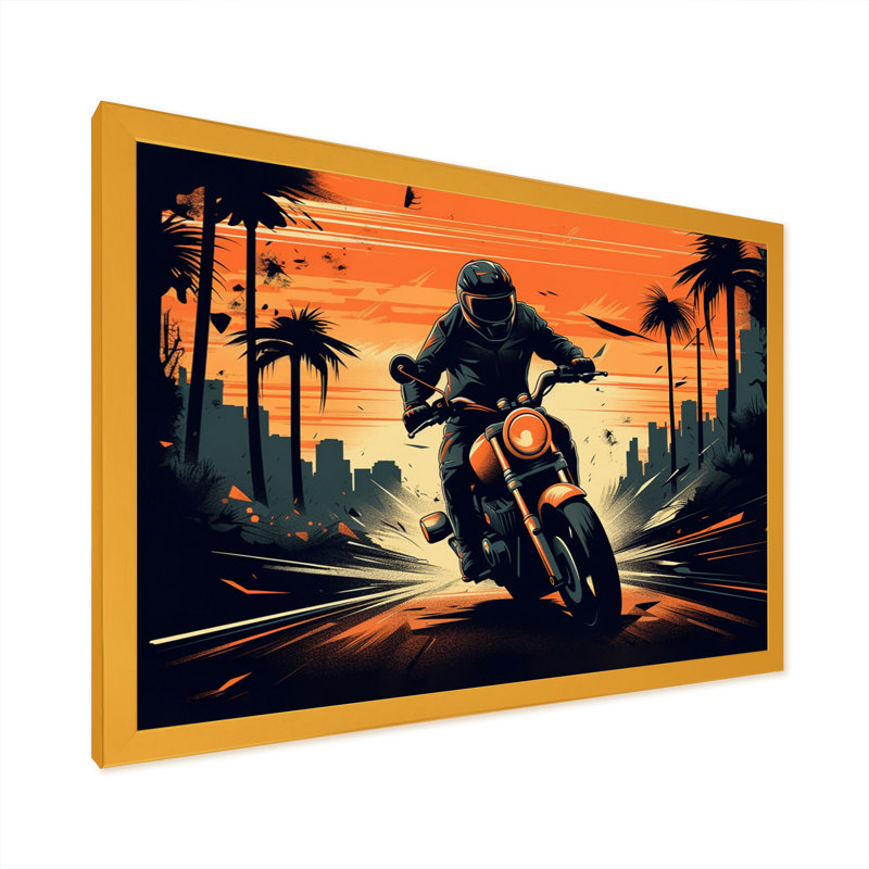 Motocyclette rugissant sur le boulevard IV - impressions sur toile, H 34 po x l 44 po, Encadrement doré