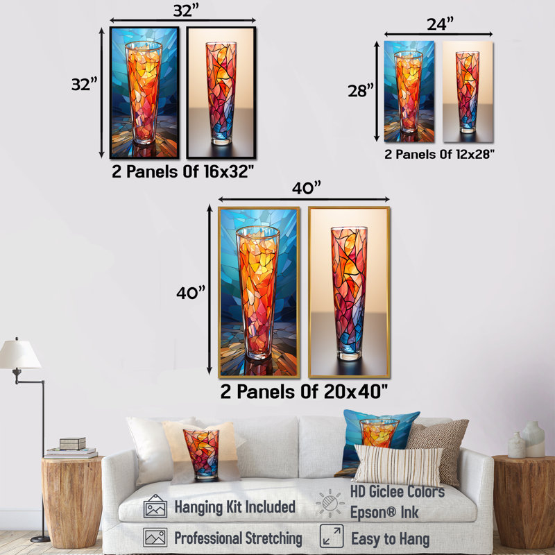Ensemble de 2 verres à cocktail en mosaïque, H 28 po x l 25 po, Toile tendue