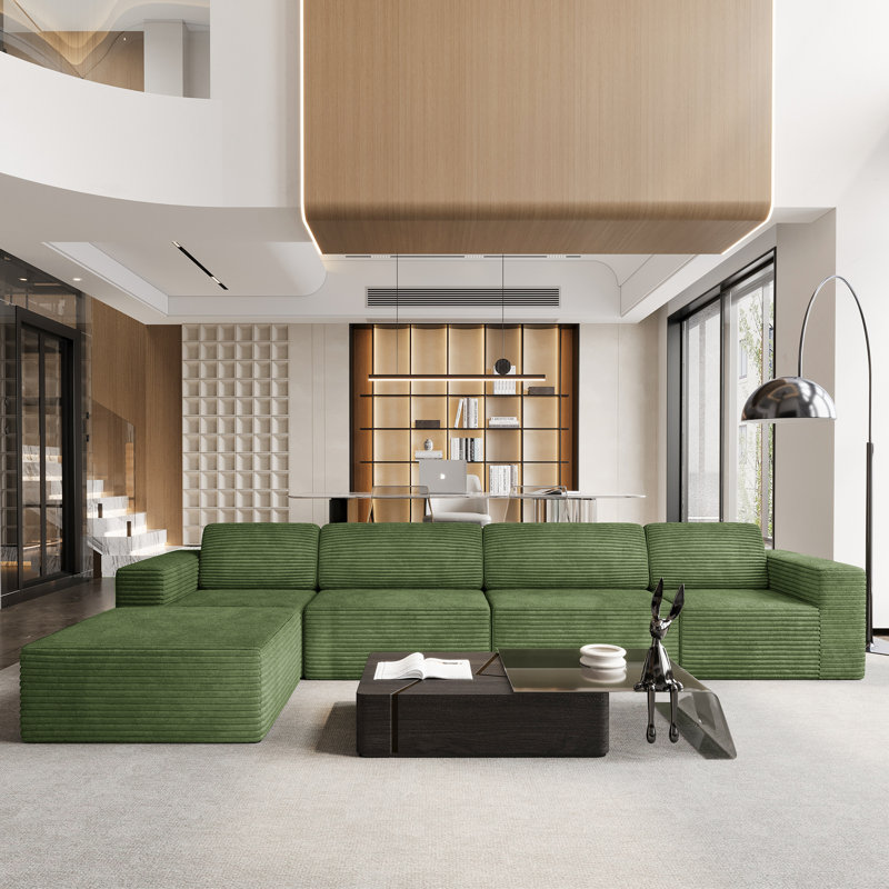 Modular Corduroy 404cm 4-seater Sofa With 1 Ottoman, No Assembly Required, With High Rebound Sponge, Green