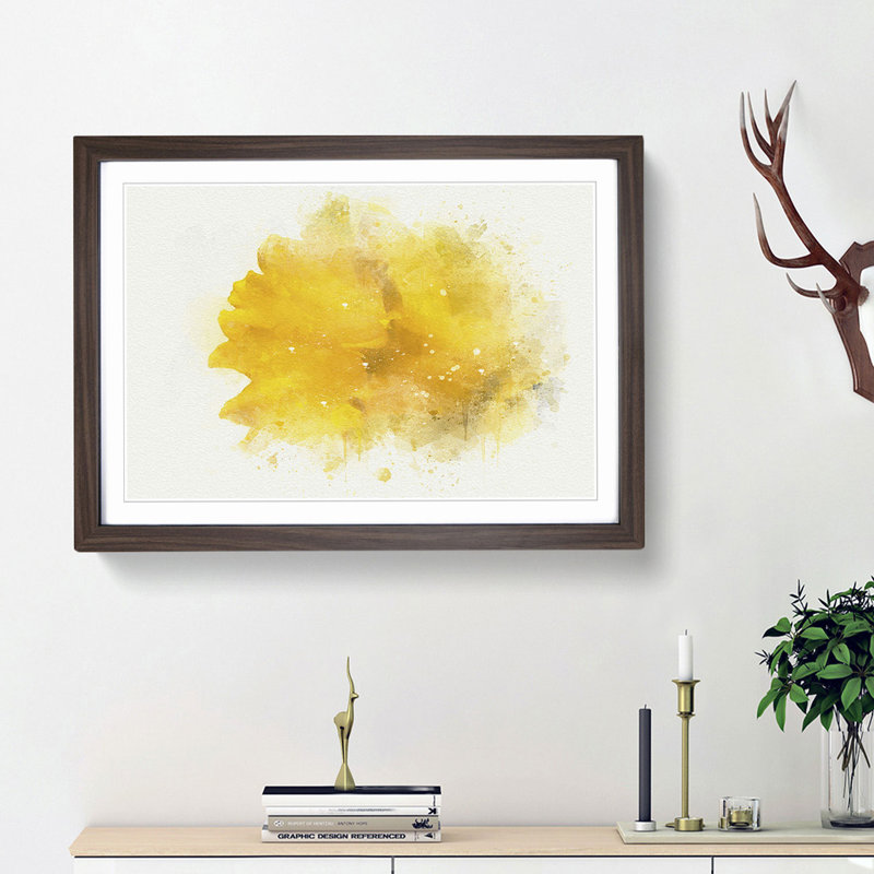 Sole Yellow Daffodil in Abstract - Picture Frame Painting Print on MDF, Walnut Framed, 48cm H x 65cm W x 2cm D