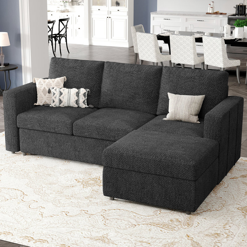 Rafael 5-Piece Chenille Apartment 3-Seat Sofa Sectional Sofa With Storage Ottoman, Dark Gray Chenille