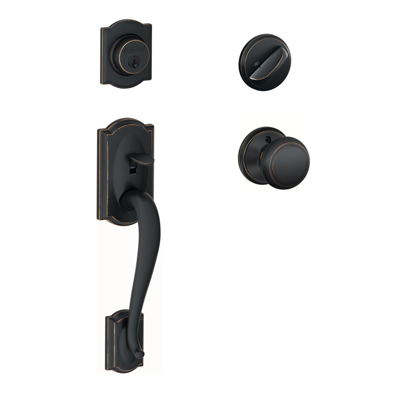 Camelot Handleset with Single Cylinder Deadbolt and Andover Door Knob and Rosette, Aged Bronze