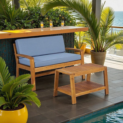 Transitional Acacia Wood Outdoor Loveseat & Coffee Table Set | Durable Patio Seating Ensemble with Weather-Resistant Elegance