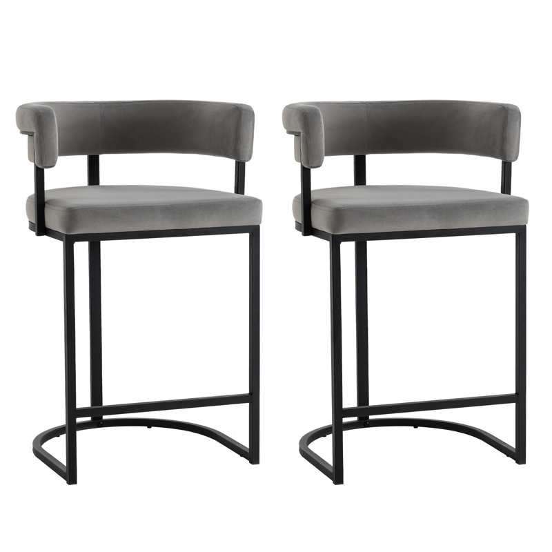 Modern Velvet Bar Stools With Barrel Backrest, Upholstered Seat, And Metal Footrest – 25.6-inch Seat Height, Ideal For Counters, Home Bars, And Kitchen Islands