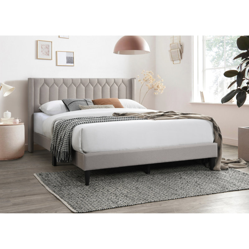 Lit double en tissu de toile de jute brun, tête de lit à motif de losanges, lit plateforme moderne, pour chambre à coucher