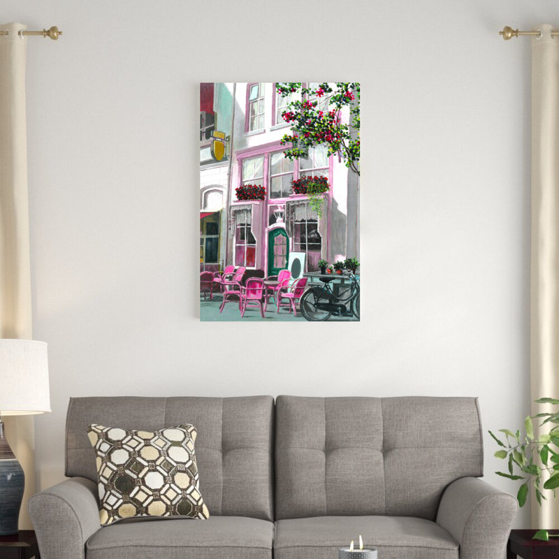 «Pink City Café», peinture sur toile tendue, H 36 po x l 24 po