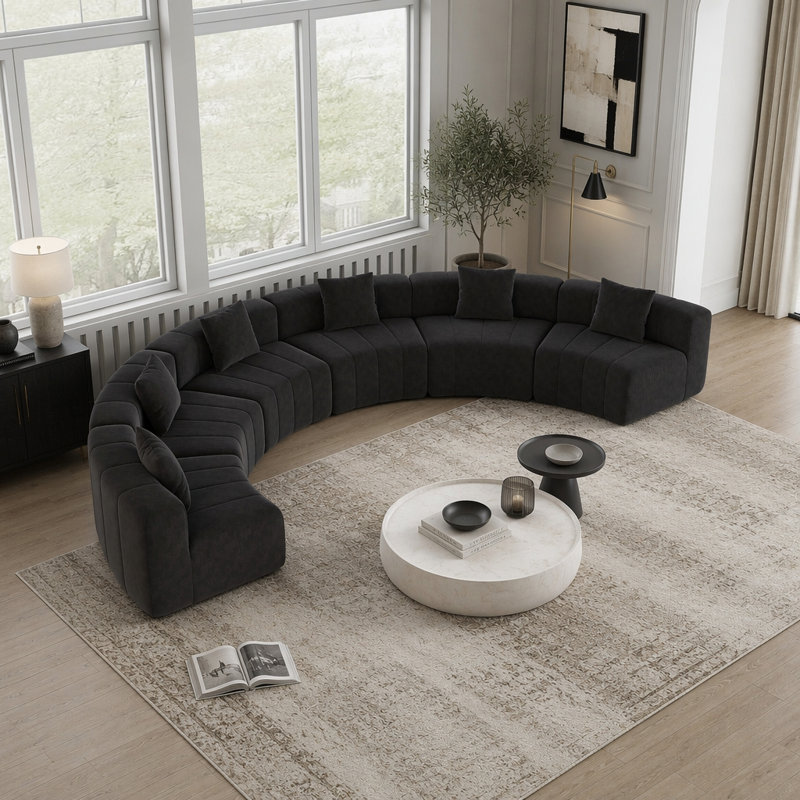 Canapé modulaire courbé en chenille avec 6 coussins, conception semi-circulaire modulaire pour des espaces de vie et de lecture confortables