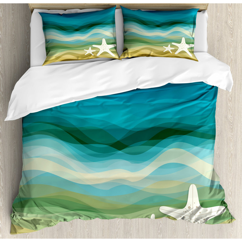 King Size Blue Beige Coastal Waves Duvet Cover Set
