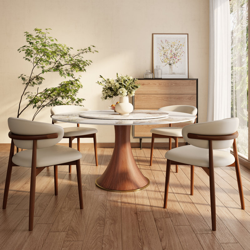 7Pcs Kitchen Dining Lazy Susan Table Set Farmhouse Solid Wood Pedestal (1 Table 6 Chairs), White