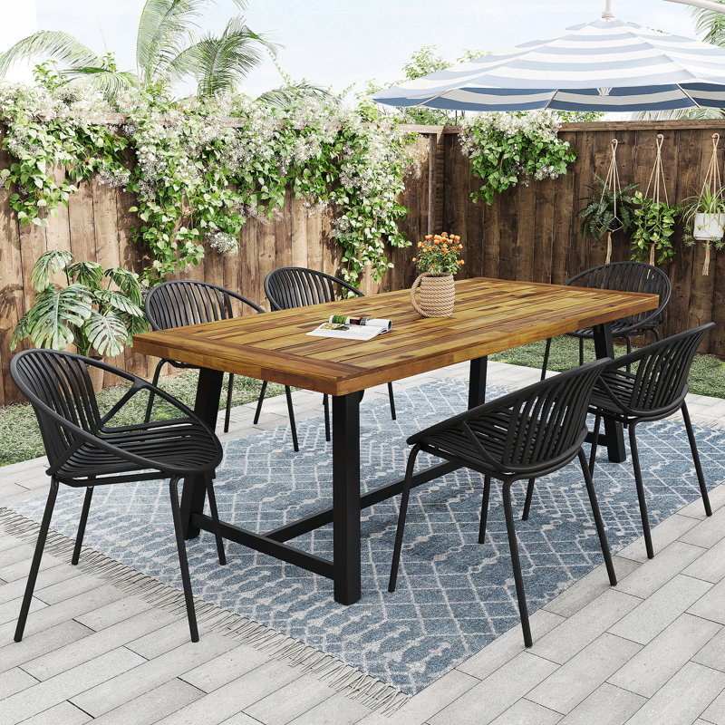 Ensemble de salle à manger d'extérieur moderne 7 pièces avec chaise empilable, noir + teck, Noir