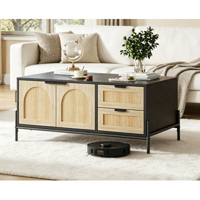 Rattan Coffee Table with LED Lights, Mid Century Modern Coffee Table with 2 Storage Drawers and 2 Arched Door, Wooden Living Room Table, Farmhouse Coffee Table for Living Room