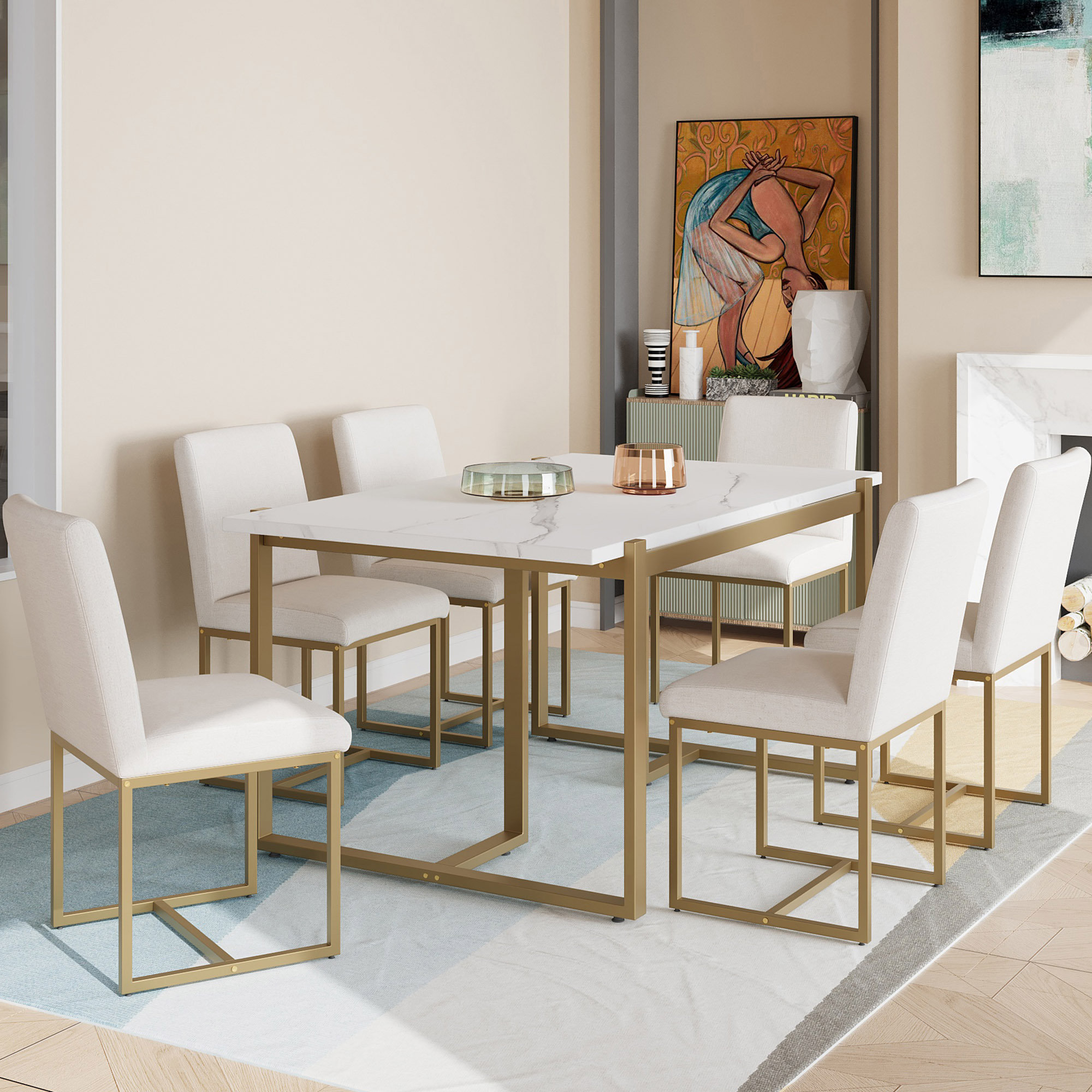 Ivy Bronx Modern Dining Table Set For 6 Faux Marble Kitchen Table Set ...
