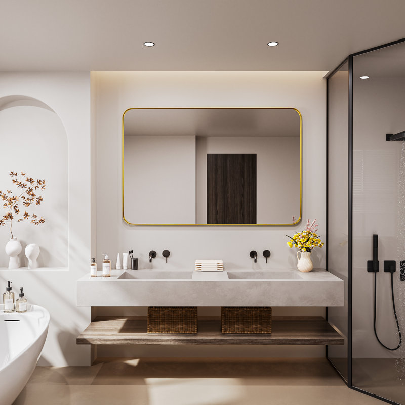Cozy Design Tempered Glass Framed Wall-Mounted Bathroom Vanity Mirror, Gold, Rectangle, 36" x 55"