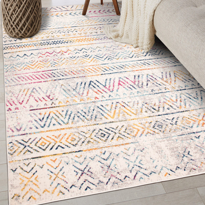 Geometric Multi Color Pink/Yellow/Ivory Area Rug, Rectangle 3'3" x 5'