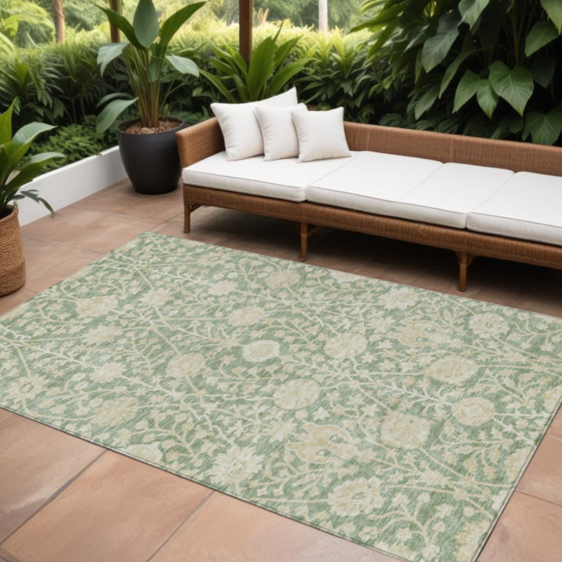 Tapis intérieur / extérieur 10 pi x 14 pi vert et beige à motif floral articulé lavable