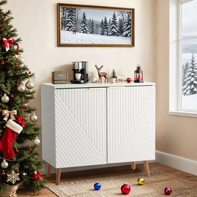 Fluted Sideboard Cabinet With Adjustable Shelves & Multifunctional Wooden Accent Cabinet With Doors, Buffet Storage