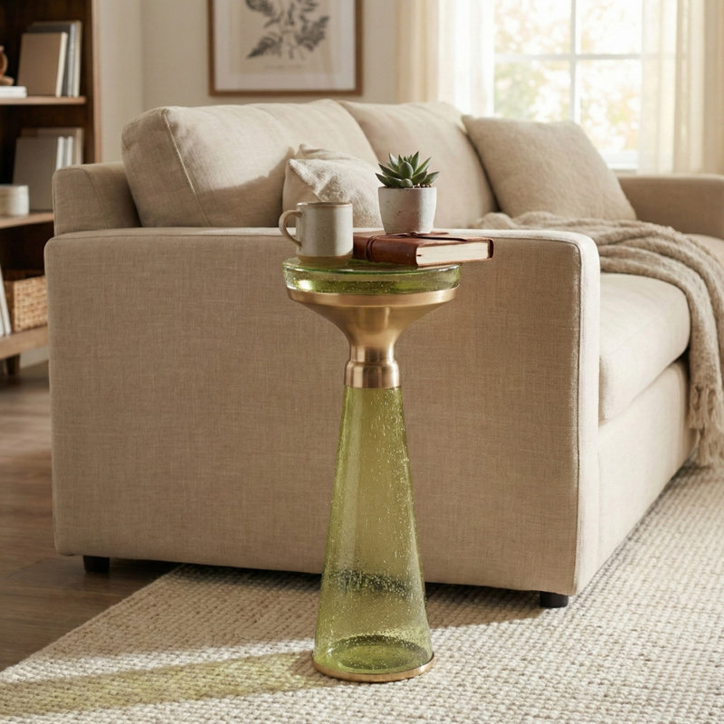 Table ronde moderne avec base en verre et plateau en métal doré, Vert