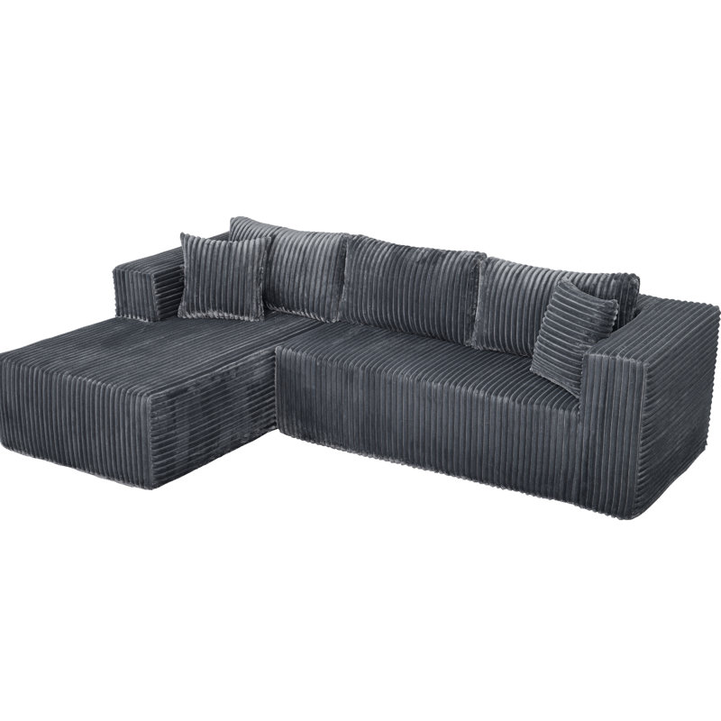105 po en L modulaire à compression en gris, construction, méridienne droite pour le salon, la chambre à coucher, l’appartement. Conception à ressort sécuritaire, sans métal et pour animaux de compagnie. La mousse haute confortable s'adapte à la posture, comme un nuage