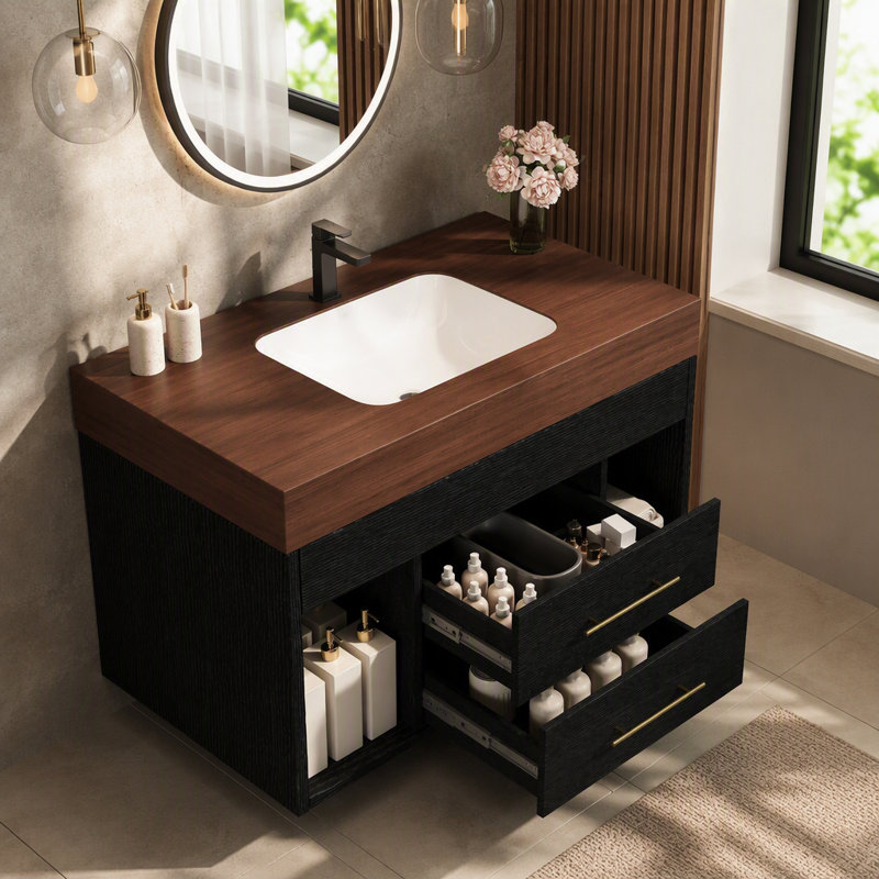 Ensemble de meuble-lavabo mural flottant 29,9 po, Noir, noyer