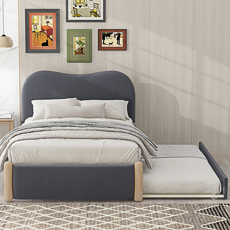 Lit plateforme tapissier simple avec lit gigogne simple, gris