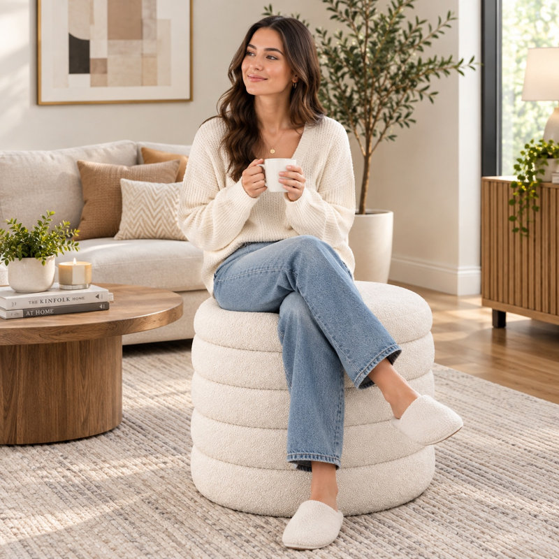Maisie 18" Wide Teddy Sherpa Boucle White Upholstered Round Storage Ottoman Footstool with Lid Vanity Stool 