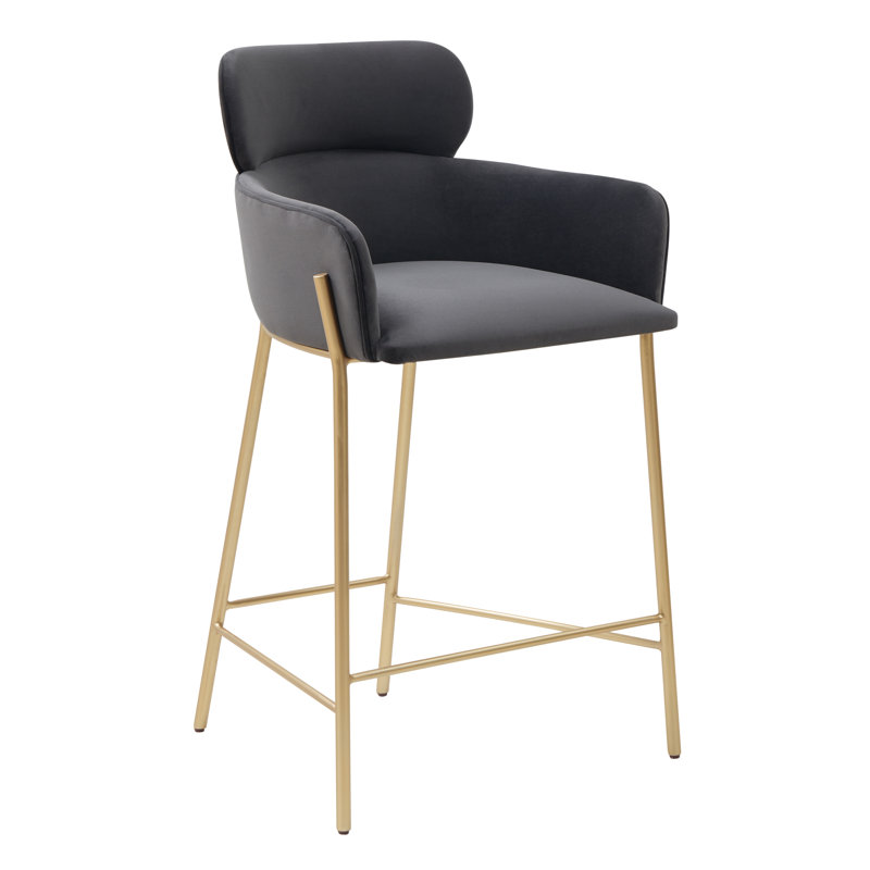 Tabouret de comptoir Tighe, Or, Velours gris foncé