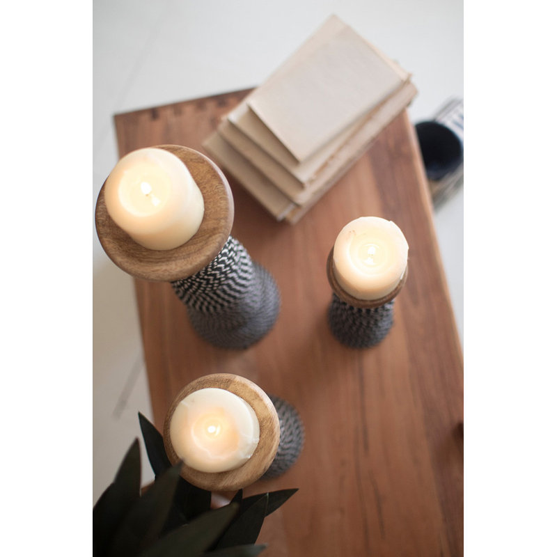  Set of Three Wood Pillar Candle Holders with Black and White Woven Detail Decorative Tabletop Decor Accent