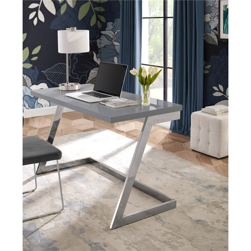 Bureau d'écriture avec plateau laqué Malana, Gris clair / chrome