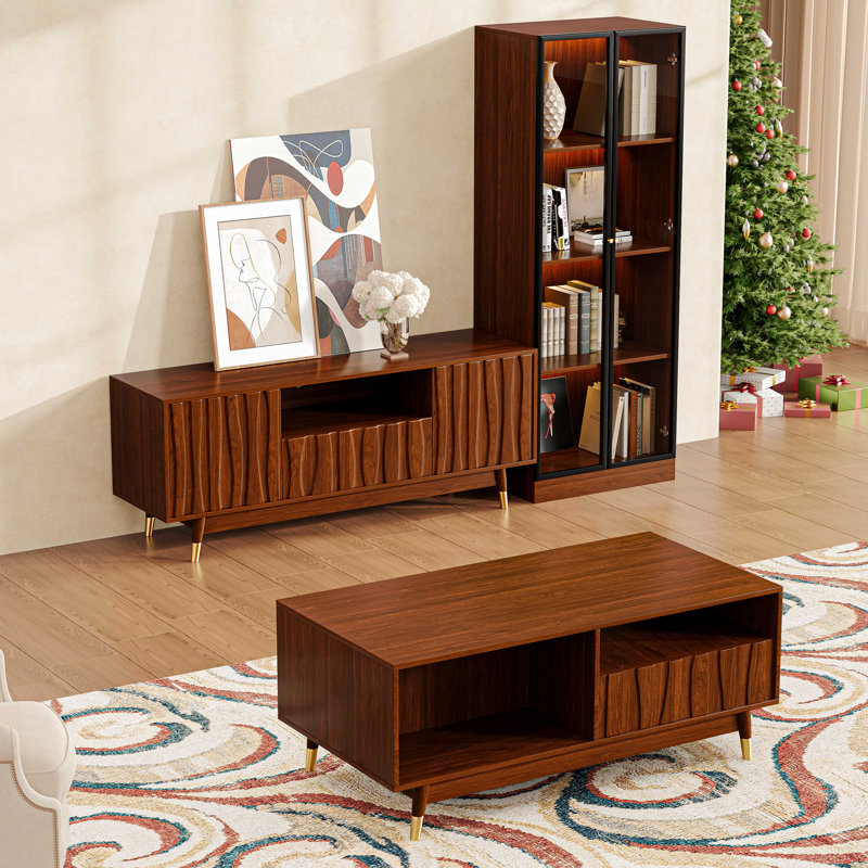 Walnut Finish Entertainment Center With Tv Stand, 4-tier Glass Display Shelves And Center Table For Living Room, Luxury Mid-century Modern Wood Media Console Set Of 3 With Drawers And Storage For 35/45/55 Inch Tv, Brown