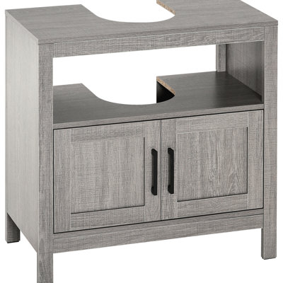 Armoire de rangement pour salle de bain à 2 portes et 2 tablettes ouvertes, design simple gris sous l'évier avec portes, couleur