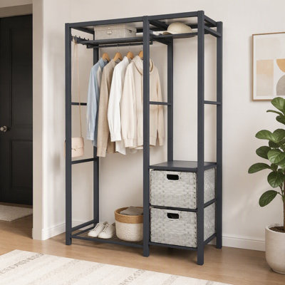 Black Metal Freestanding Garment Rack with Hanging Rod, Storage Shelves, 2 Gray Drawers and Hooks, Industrial Open Wardrobe Clothes Organizer for Bedroom, Closet and Entryway