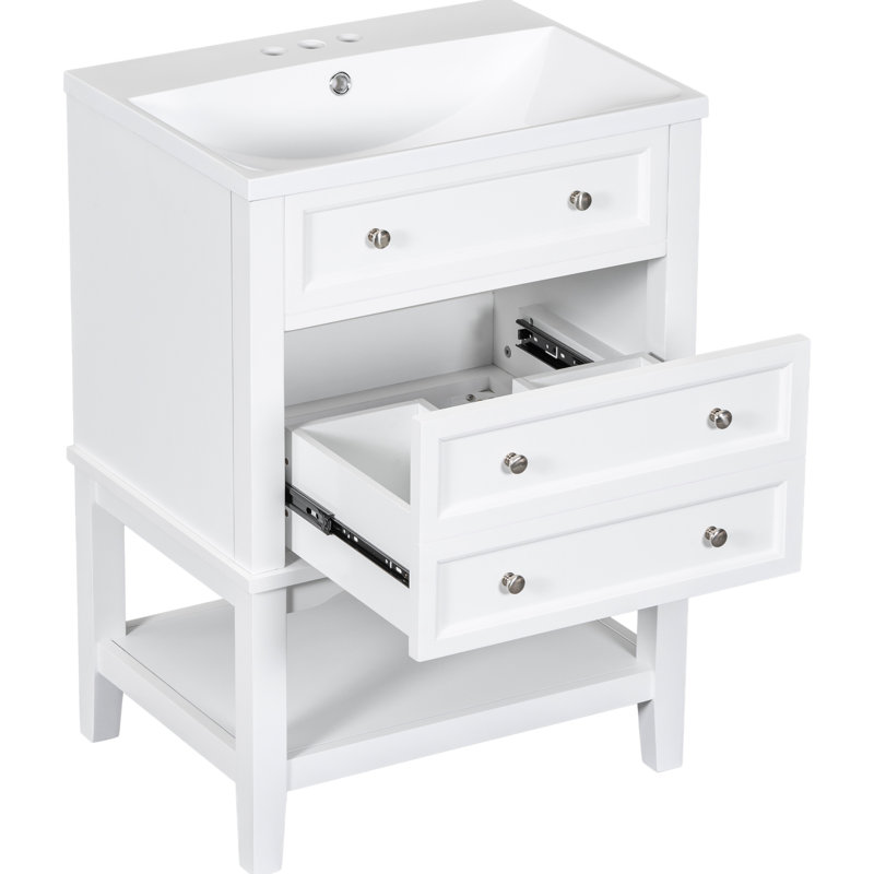 Meuble-lavabo blanc 24 po avec lavabo en bois massif, meuble-lavabo à tiroir et tablette ouverte, lavabo en céramique, poli