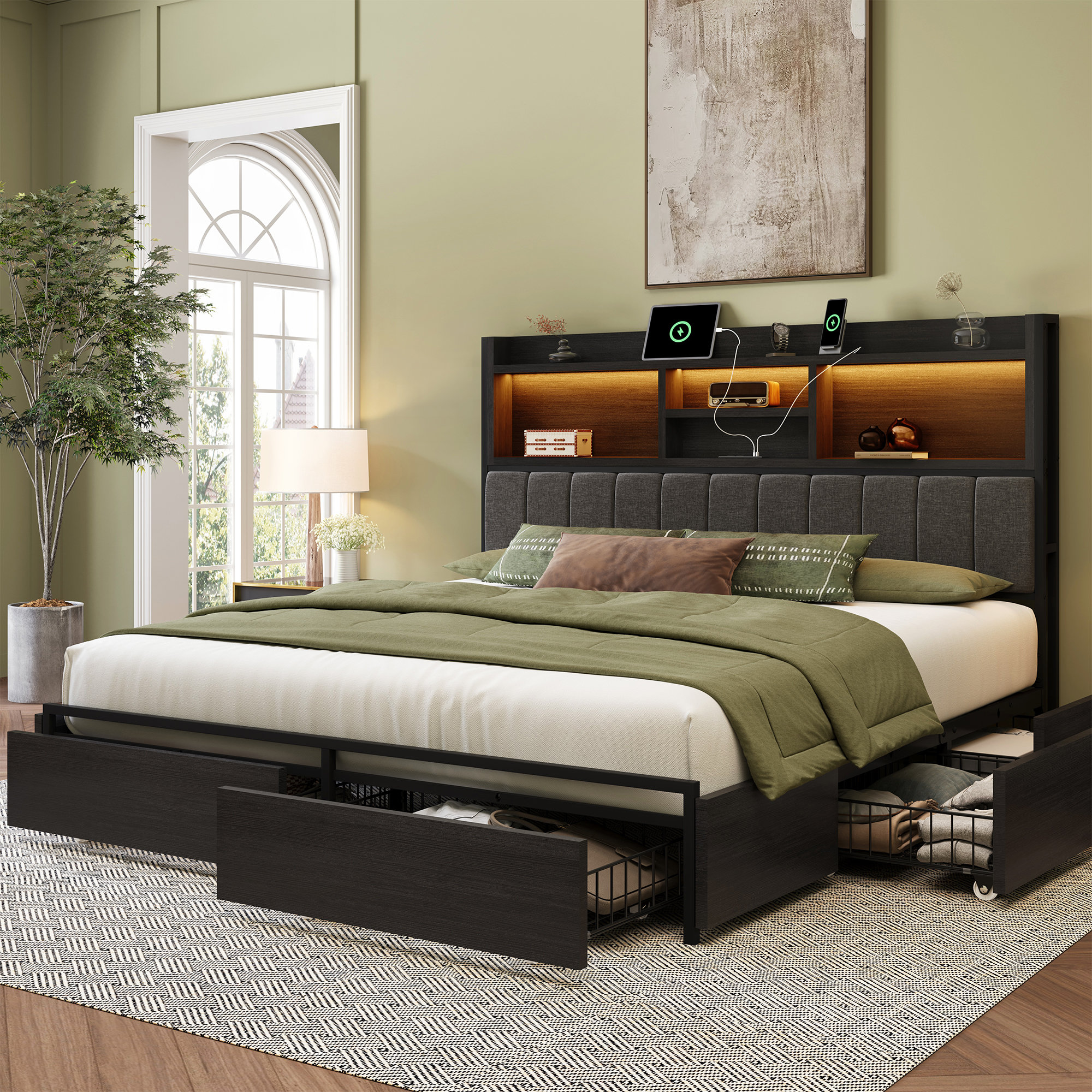Wrought Studio™ Bed Frame With 6 Storage Drawers, Linen Upholstered Headboard, Built In Charging Station And Led & Reviews | Wayfair