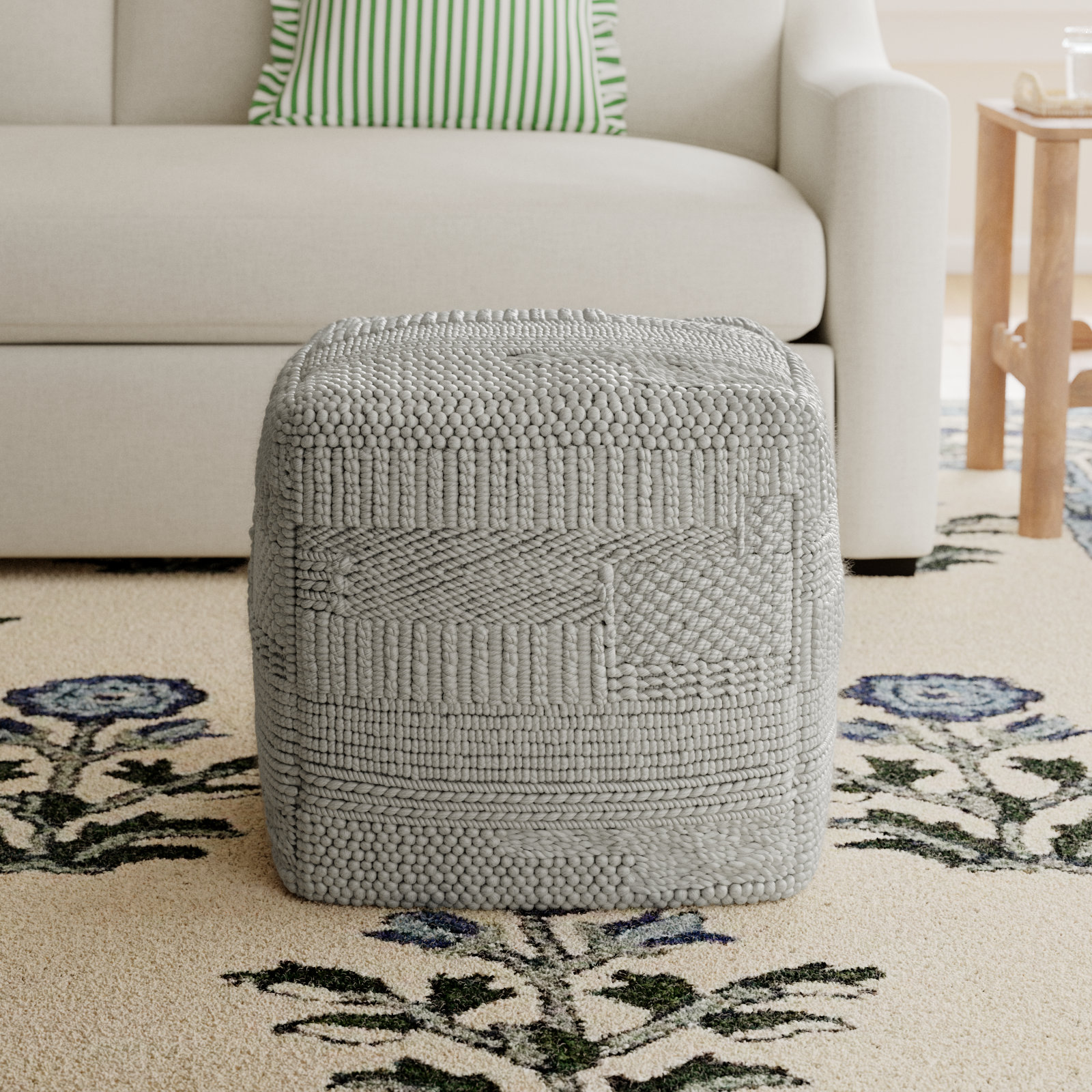 Upholstered Pouf, Light Silver