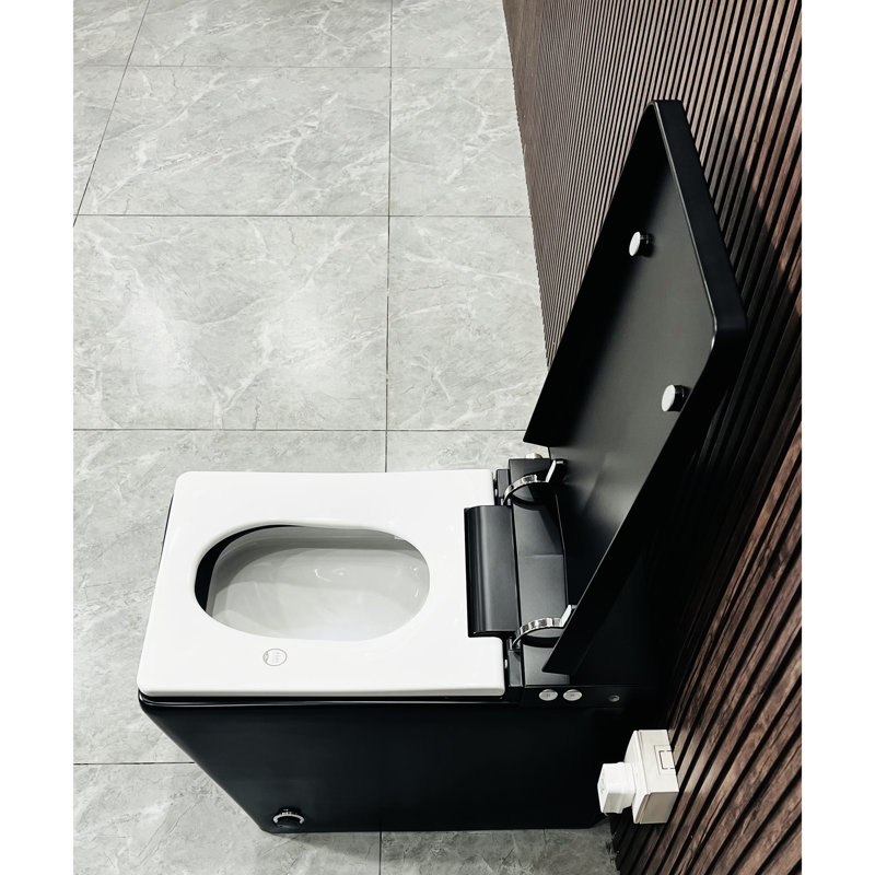 Toilette intelligente pour salle de bain avec réservoir intégré, chasse d'eau automatique, siège chauffant, télécommande, affichage à DEL, forme carrée noire