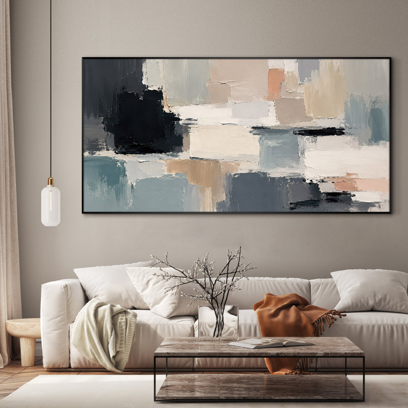 Très grand art mural imprimé sur tissu - Composition abstraite de blocs de couleurs bleus, décor de bureau contemporain - "Assemblage requis du cadre (cadre non fini)"
