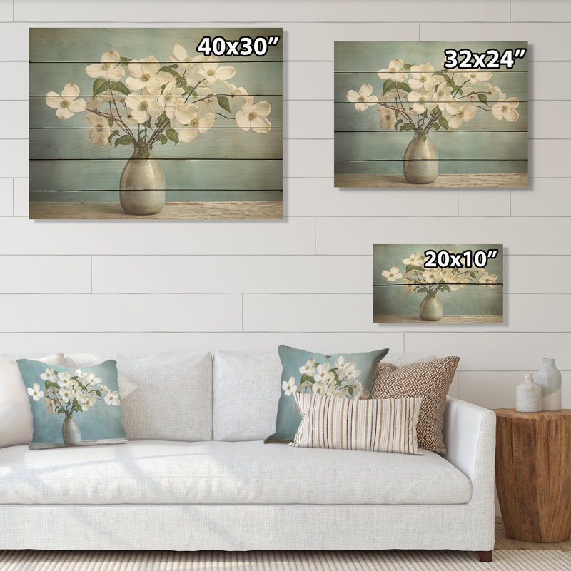 «Dogwood Bouquet Still Life», art mural en bois de cornouiller sur bois de pin naturel, H 24 po x l 32 po