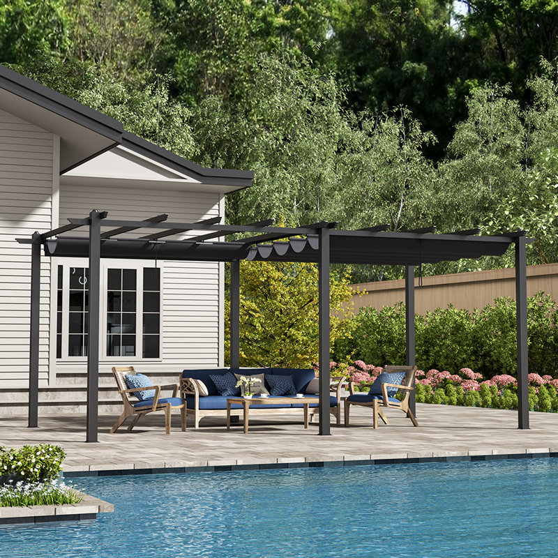 Dakota Fields Polyester Cover Retractable Freestanding Awning, 228cm H x 600cm W x 300cm D, Black