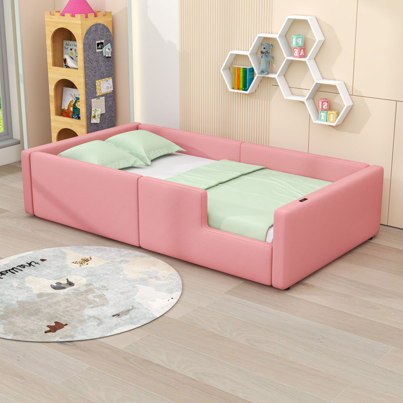 Twin-Size PU Upholstered Platform Bed With Built-In Charging Station And Safety Guardrail