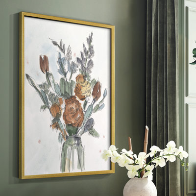 Aquarelle arrangement floral II, reproduction encadrée - bois massif